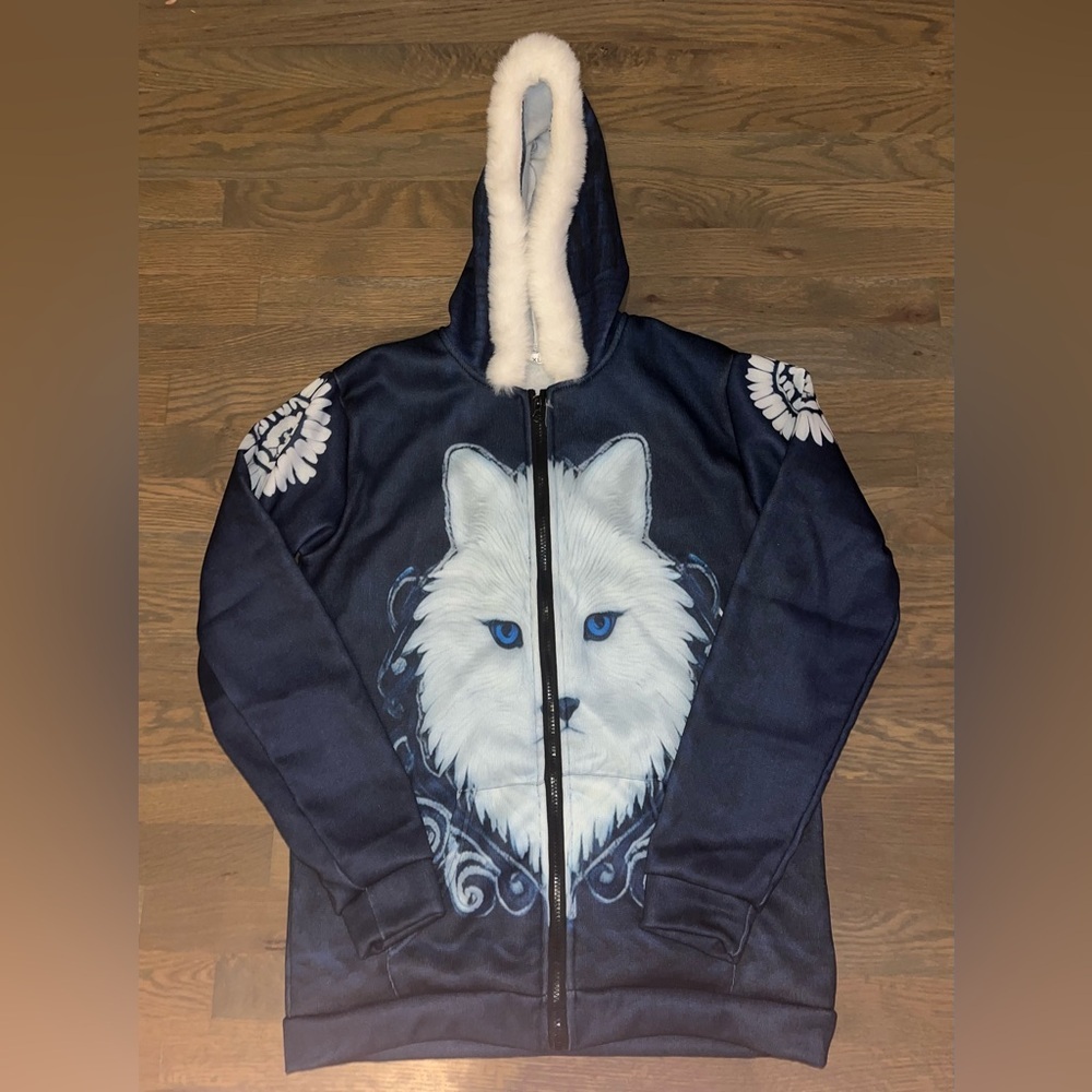 White Wolf Graphic Hoodie Blue Eyes Zip Up Faux Fur Hood Jacket